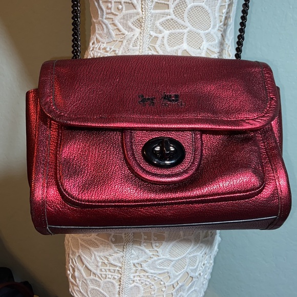 Coach Metallic Red Ranger Flap Crossbody Bag Metal Chain Convertible - Picture 2 of 16